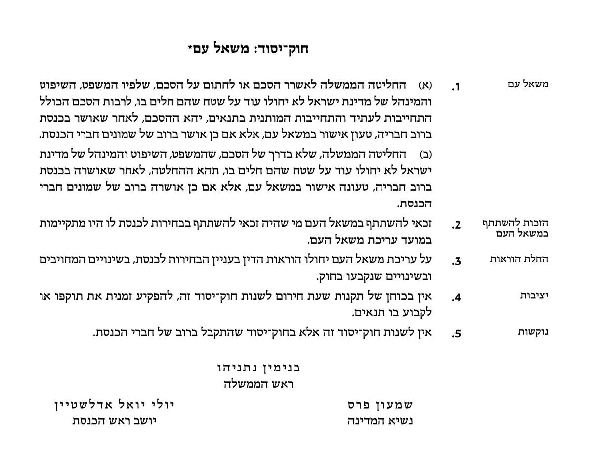 האם ההסכם עם לבנון טעון משאל עם? בלי לראות את ההסכם--שעד עתה לא פורסם וגם לא הוצג, לפי הפרסומים, לחברי הקבינט--לא ניתן לדעת. אבל, ככל שישנה בו התחייבות לעתיד או כזו המותנית בתנאים לבצע שינוי גבולות או חילופי שטחים, הדבר עשוי להיות טעון אישור הכנסת ב-80 ח״כים או במשאל עם.