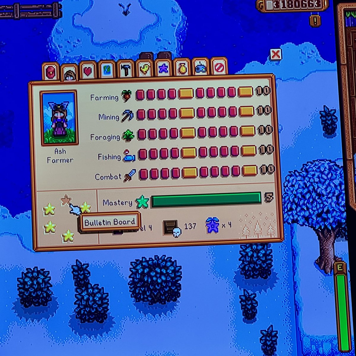 Shintox's tweet photo. @ConcernedApe has anyone hit mastery level 5 yet? Cause my wife just did on the Nintendo Switch… https://t.co/ncriCgwphl