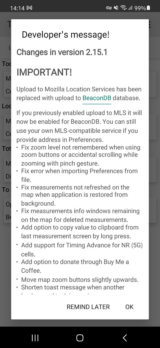 Rakuten_mie's tweet image. 【重要】楽天電測界隈の方へ
TowerCollectorがアップデートでBeaconDB仕様に代わってしまい、現状のMLSベースのものと互換性がないためアップロードできなくなります。
楽天電測で利用する場合は2.14.6の旧バージョンを入れてください。
github.com/zamojski/Tower…