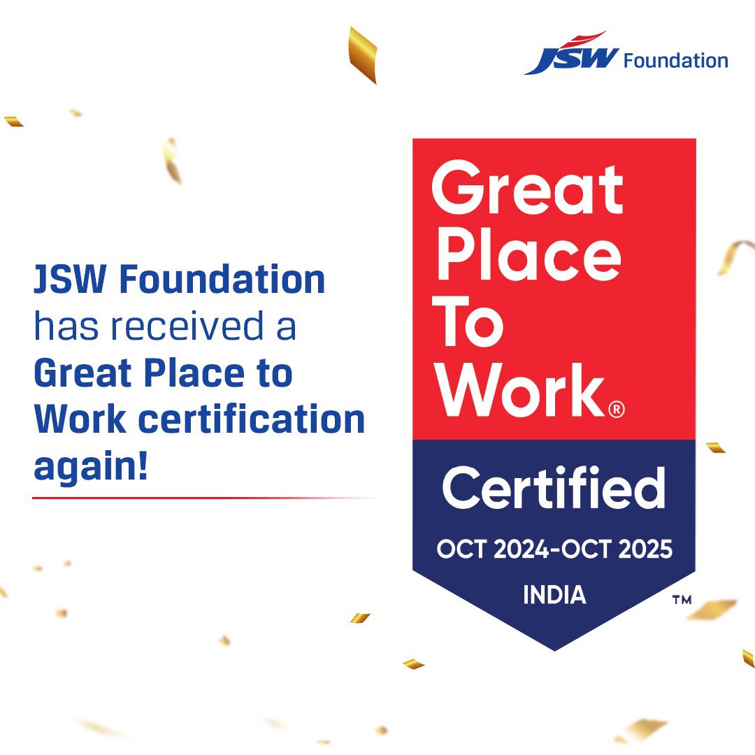 JSWFoundation's tweet photo. We’re excited to share that we’ve been certified as a Great Place to Work again! We’ve officially been certified as a Great Place to Work in the “Under 100 Employees” category!
Here’s to our wonderful employees across locations! Thank YOU for making this happen!
#JSWFoundation #GreatPlaceToWork #EmployerOfChoice #WorkPlaceCulture