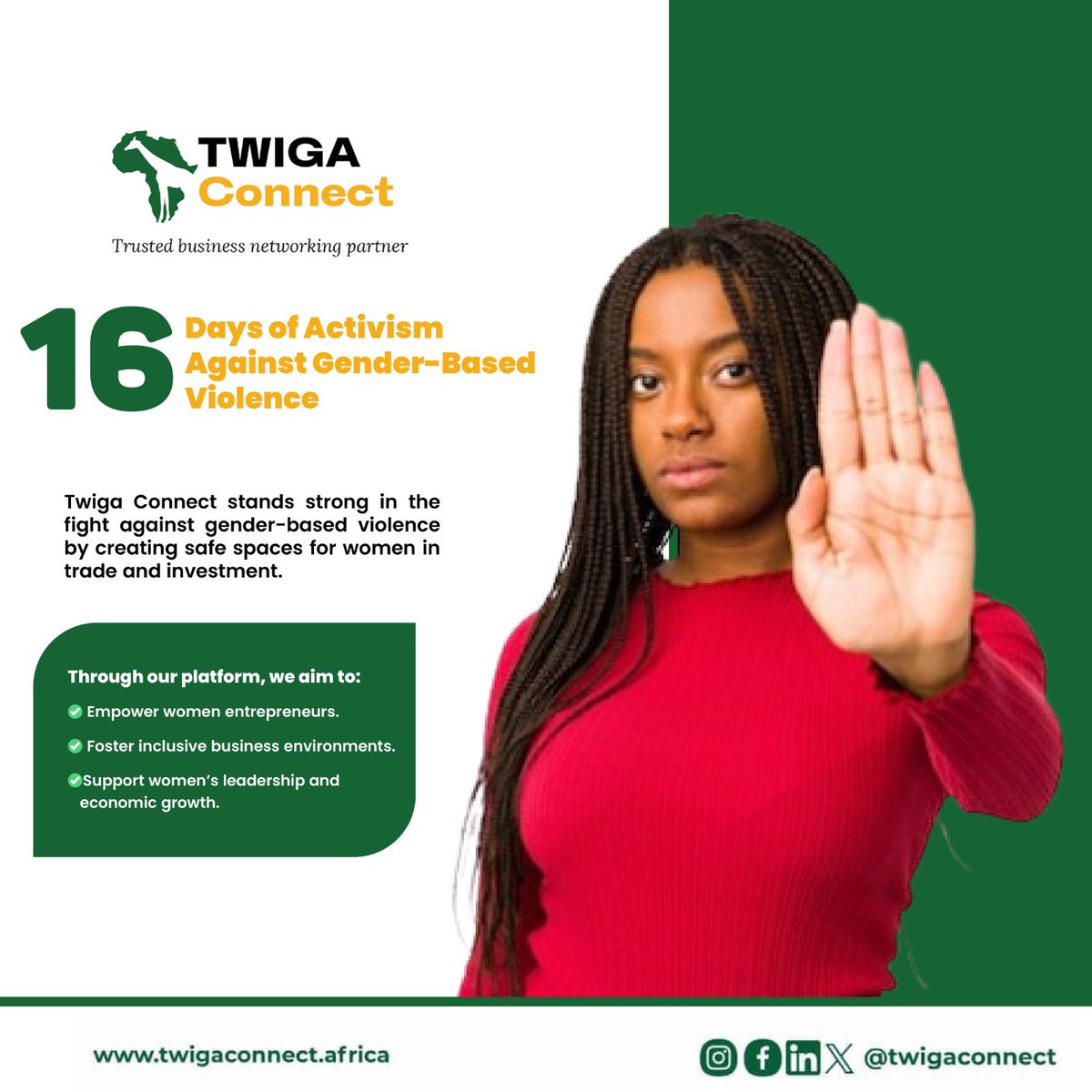 twigaconnect's tweet photo. 🌍 #16Days of Activism.
We believe empowering women through trade and investment is key to breaking cycles of violence and fostering inclusive growth.
Let’s build safe, equitable communities where everyone can thrive.
#EndGBV #TradeForChange #InvestInWomen #16Days #TwigaConnect https://t.co/0Rl8uNfl5j