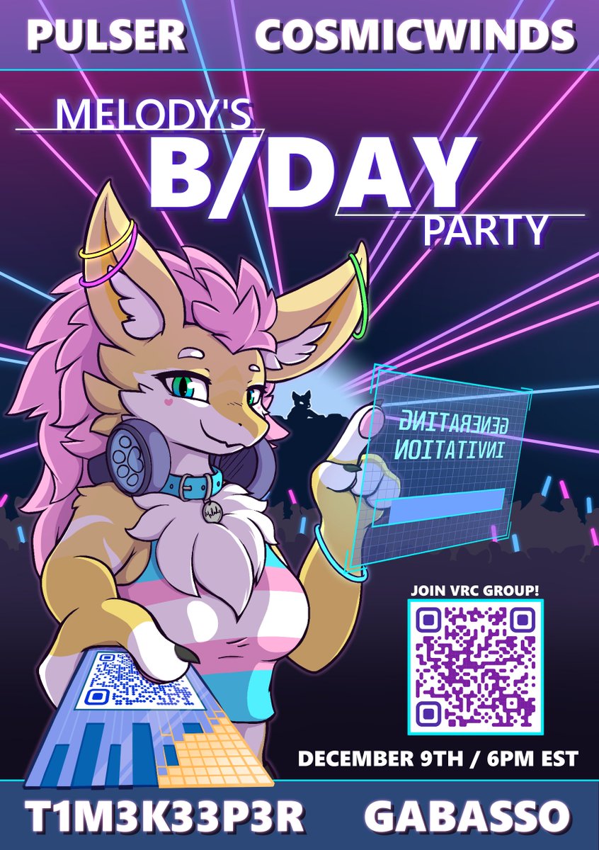 Paroogon's tweet photo. Poster made for @MelodyFreyaVRC 

She's hosting a VRChat event on her birthday. 
Stop by if you're free! https://t.co/d3lKeieVmJ