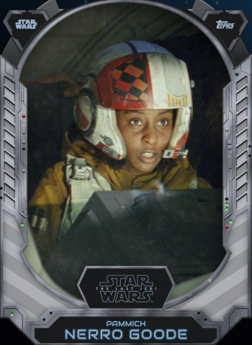 StarWarsFanGirl's tweet photo. She wore a white and red flight helmet borrowed from another starfighter pilot, that bore the name “STEVE" inscribed in Aurebesh.
#StarWarsTopps https://t.co/ocIvAh2iuC
