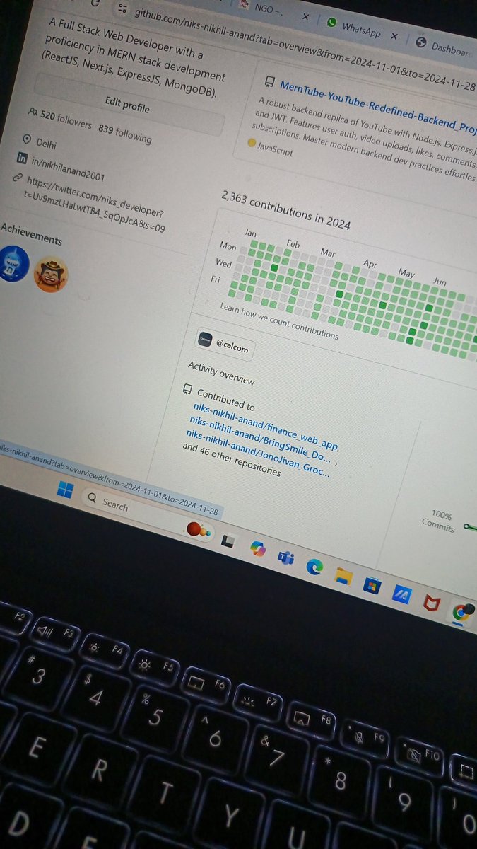niks_developer's tweet image. "About to hit 2500 commits this year! 🚀 Last year, I was at just 144. Incredible progress and growth! #codingjourney #commitlife #softwaredevelopment"