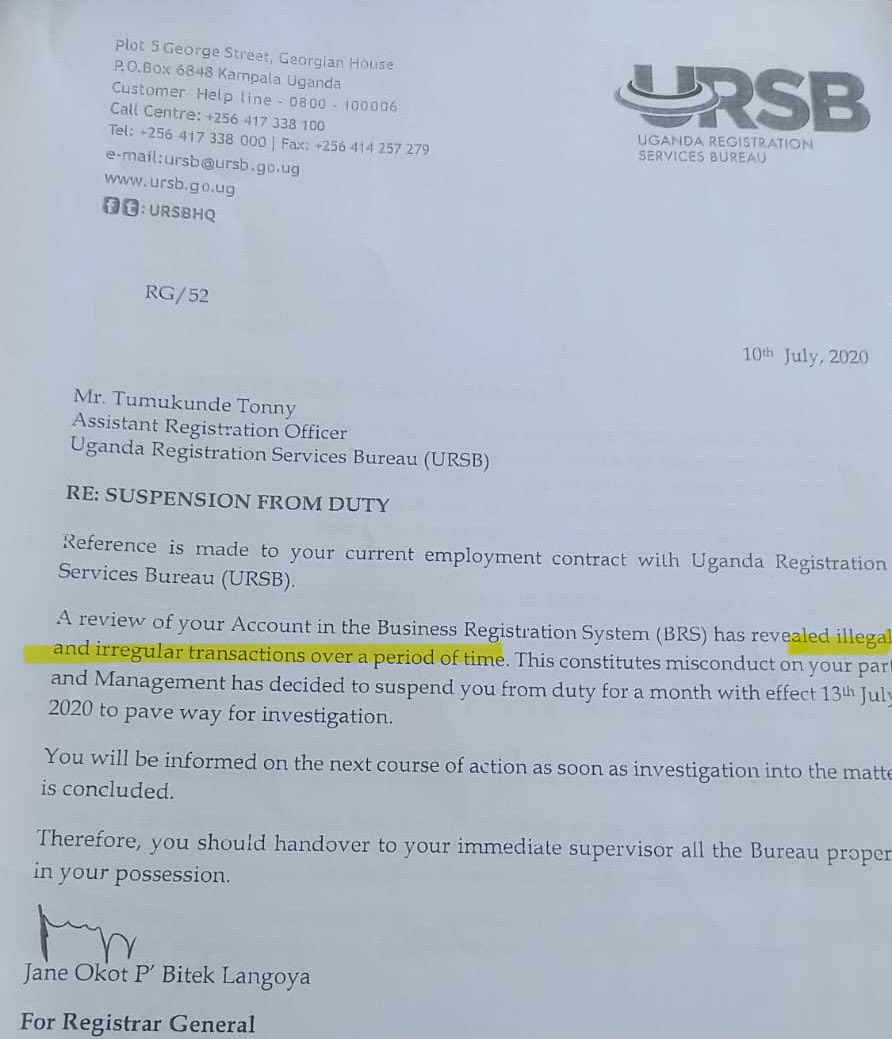 Anthony Natif (@tonynatif) on Twitter photo Dear Bwana <a href="/TumukundeTT/">TumukundeTonny(TT)</a>, we managed to dig through our insanely deep archives and found this suspension letter.
As earlier asked today, was this the letter that precipitated your rather unceremonious resignation from <a href="/URSBHQ/">Uganda Registration Services Bureau</a>.
Was the letter in reference to your alleged Dear Bwana <a href="/TumukundeTT/">TumukundeTonny(TT)</a>, we managed to dig through our insanely deep archives and found this suspension letter.
As earlier asked today, was this the letter that precipitated your rather unceremonious resignation from <a href="/URSBHQ/">Uganda Registration Services Bureau</a>.
Was the letter in reference to your alleged