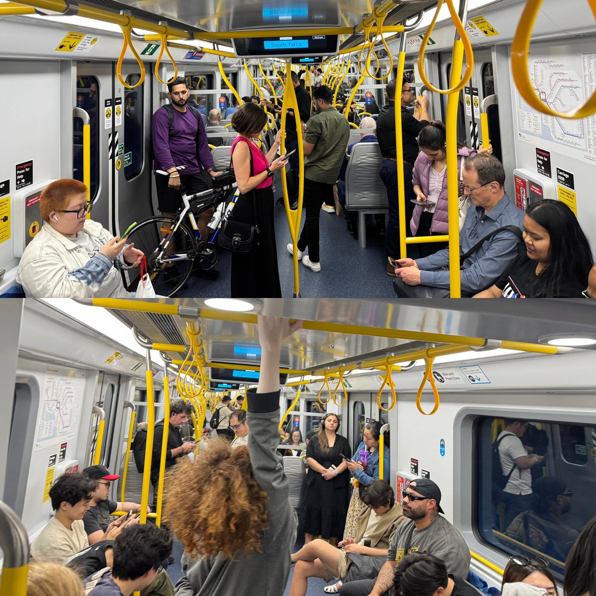 CrStuartJames's tweet image. Standing room only on the 20 minute frequencies at 10pm on a Thursday. And this is the busiest train line on the network. Other lines have much worse frequency.

Unacceptable for a city of 5 million. No wonder people drive.

#MoreTrainsPlease #MoreServicesPlease