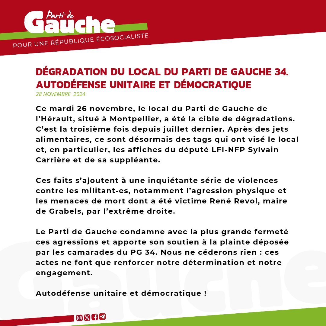 LePG's tweet photo. Ce mardi, le local du @Pg34Herault a été la cible de dégradations.

Nous ne céderons rien : ces actes ne font que renforcer notre détermination et notre engagement. 

Autodéfense unitaire et démocratique ! https://t.co/qWEf1xnd77