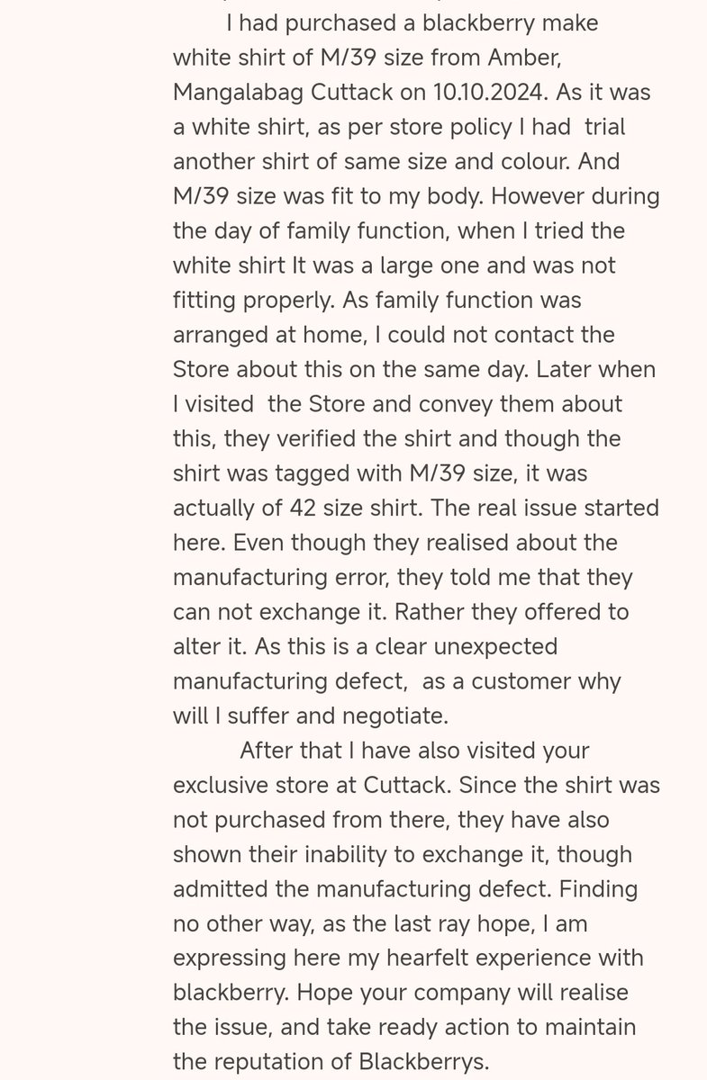 Akankshya97's tweet photo. @BlackberrysMW Wish I could give negative stars. Worst customer service i have experienced ever. The shirt was not given for trial as the color is white and it's a clear manufacturing defect. The store, ur customer service gave us regrets of purchasing it. Alter is not the sol. https://t.co/rEcyofwJ0O
