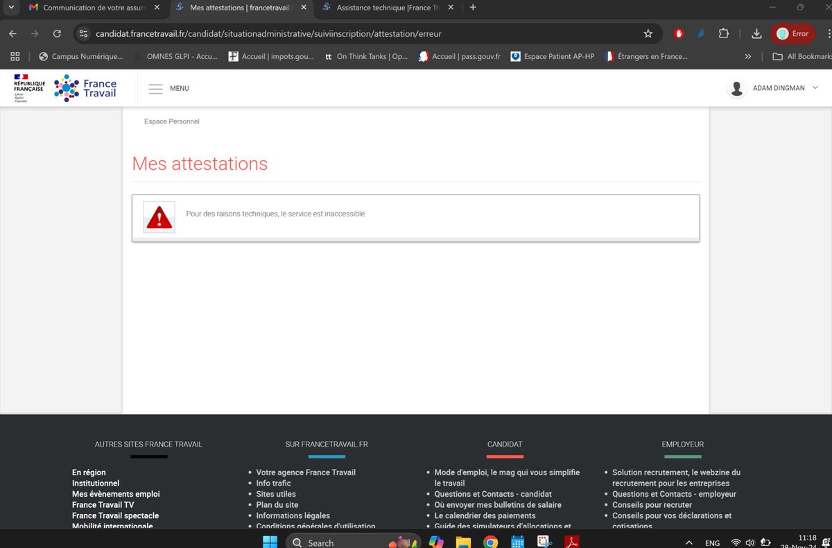 AdamDingman's tweet photo. @FranceTravail Pas possible d'accéder à ses attestations depuis un moment que ce soit sur ordinateur, mobile ou dans l'application. D'autres solutions à proposer ou bien une idée de quand le service sera à nouveau disponible ? https://t.co/C1CubS63wp