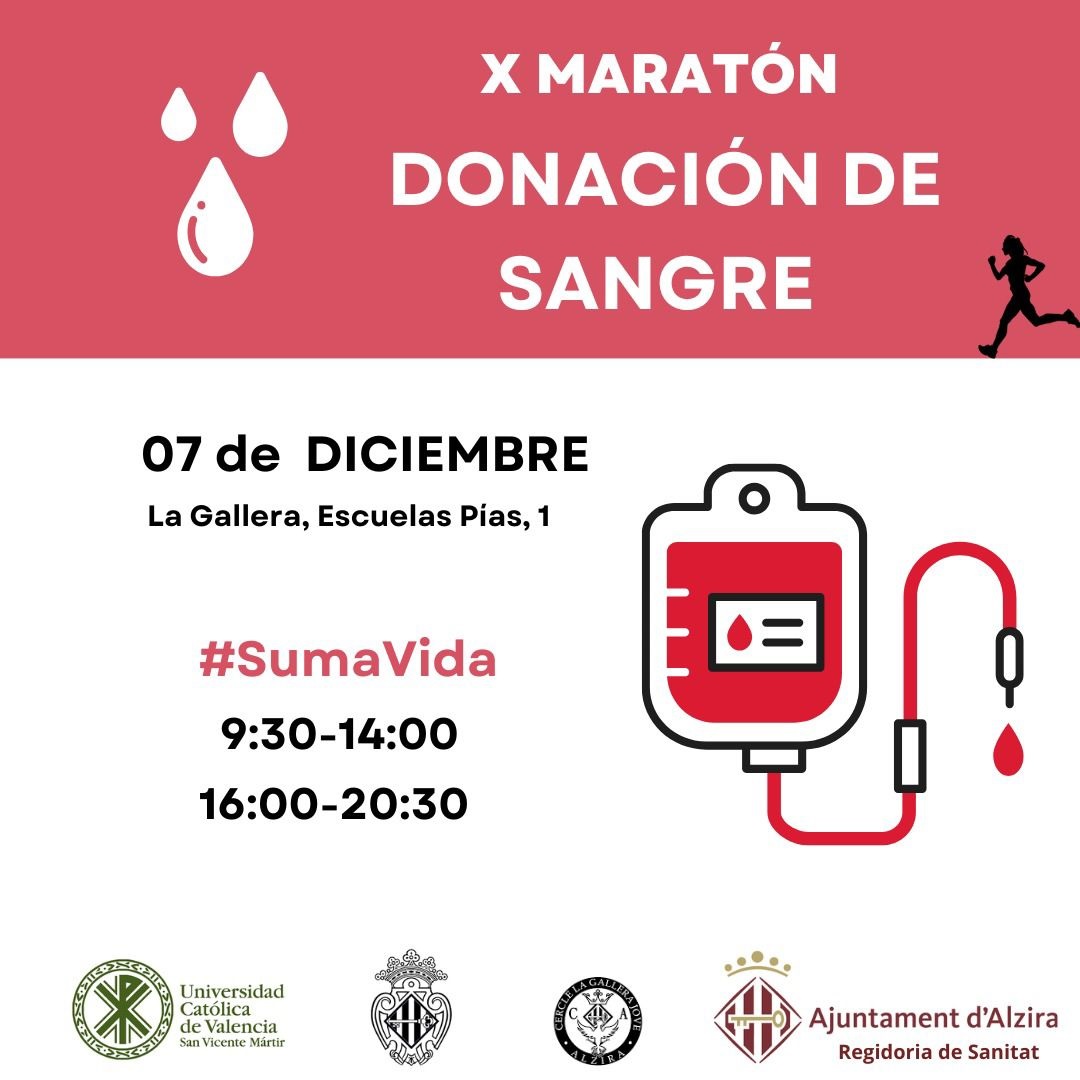 GVAdonasang's tweet photo. X Edición de Donación de Sangre de #Alzira

📅sábado 7 de diciembre
 🕐9:00 a 14:00  🕐16:00 a 20:30 

#SumaVida 🩸 https://t.co/kKGI79hStM