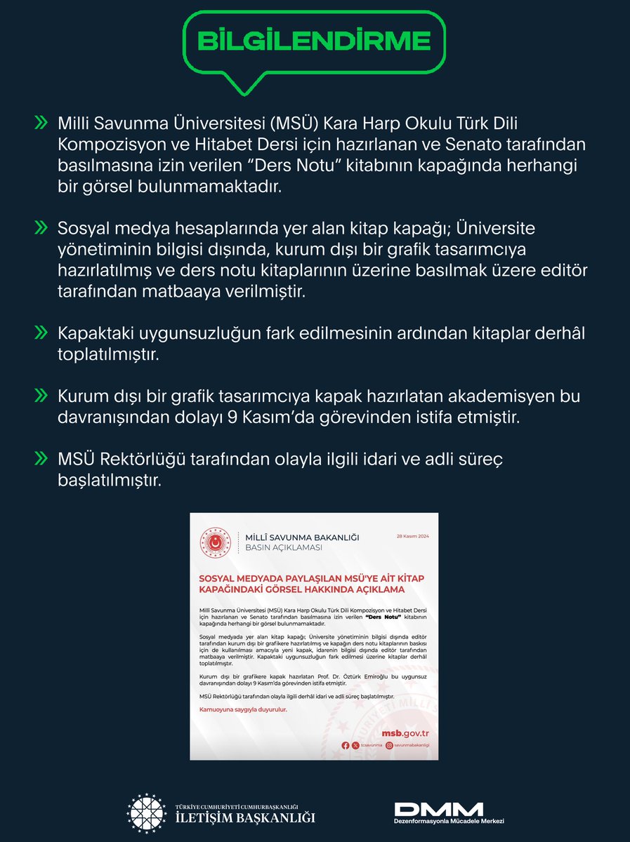 Milli Savunma Üniversitesi (MSÜ) Kara Harp Okulu Türk Dili Kompozisyon ve Hitabet Dersi için hazırlanan ve Senato tarafından basılmasına izin verilen “Ders Notu” kitabının kapağında herhangi bir görsel bulunmamaktadır. 

Sosyal medya hesaplarında yer alan kitap kapağı; Üniversite