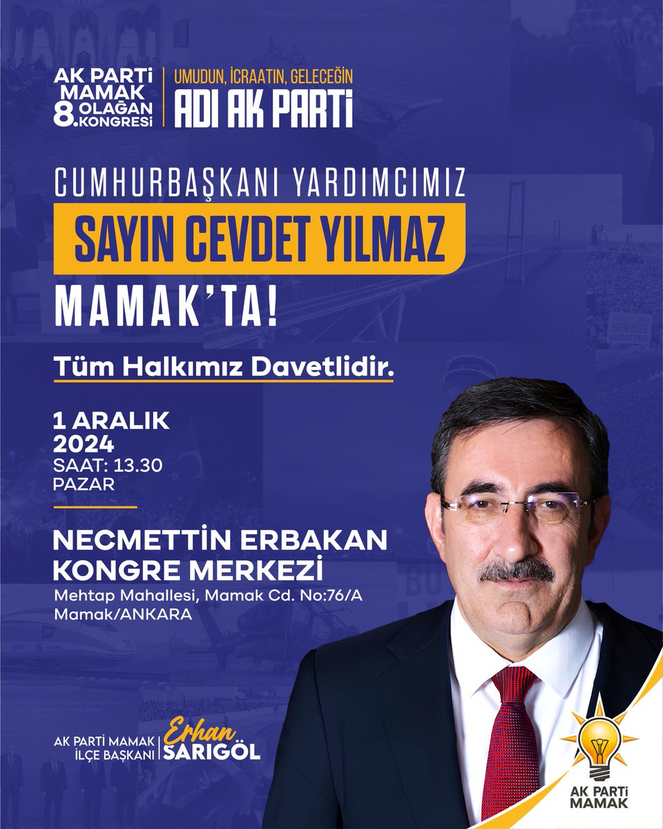Erhan Sarıgöl (@erhansarigol) on Twitter photo Kongremize Davetlisiniz!
Haydi #Mamak
Pazar günü Cumhurbaşkanı Yardımcımız Sayın Cevdet Yılmaz Mamak'da..
Tüm hemşehrilerimizi bekliyoruz..
🗒 1 Aralık Pazar
🕜 13:30
📍 Necmettin Erbakan Kongre Merkezi
<a href="/_cevdetyilmaz/">Cevdet Yılmaz</a> Kongremize Davetlisiniz!
Haydi #Mamak
Pazar günü Cumhurbaşkanı Yardımcımız Sayın Cevdet Yılmaz Mamak'da..
Tüm hemşehrilerimizi bekliyoruz..
🗒 1 Aralık Pazar
🕜 13:30
📍 Necmettin Erbakan Kongre Merkezi
<a href="/_cevdetyilmaz/">Cevdet Yılmaz</a>