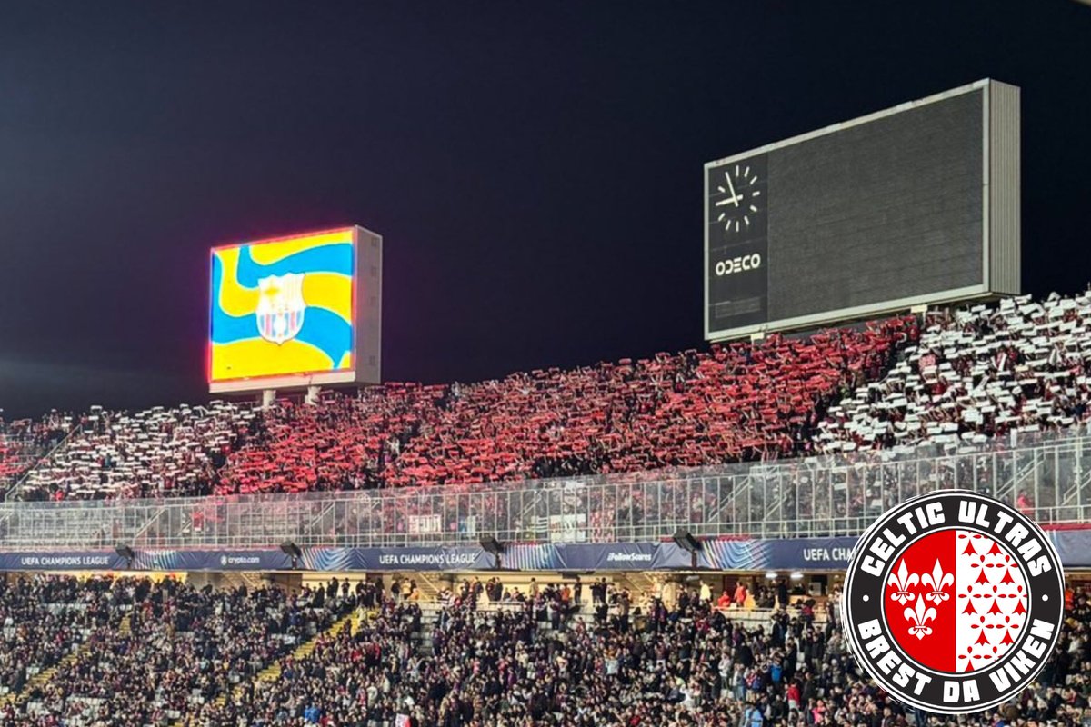CelticUltras's tweet image. [26/11/2024 - LDC - J5 - BARCELONE - BREST]

Près de 3000 Brestois à Barcelone pour assister à une rencontre historique pour notre club. Nous chanterons à l’anglaise pendant tout le match, malgré l’interdiction des tambours et mégaphones dans le parcage. 

Celtic Ultras 2001.