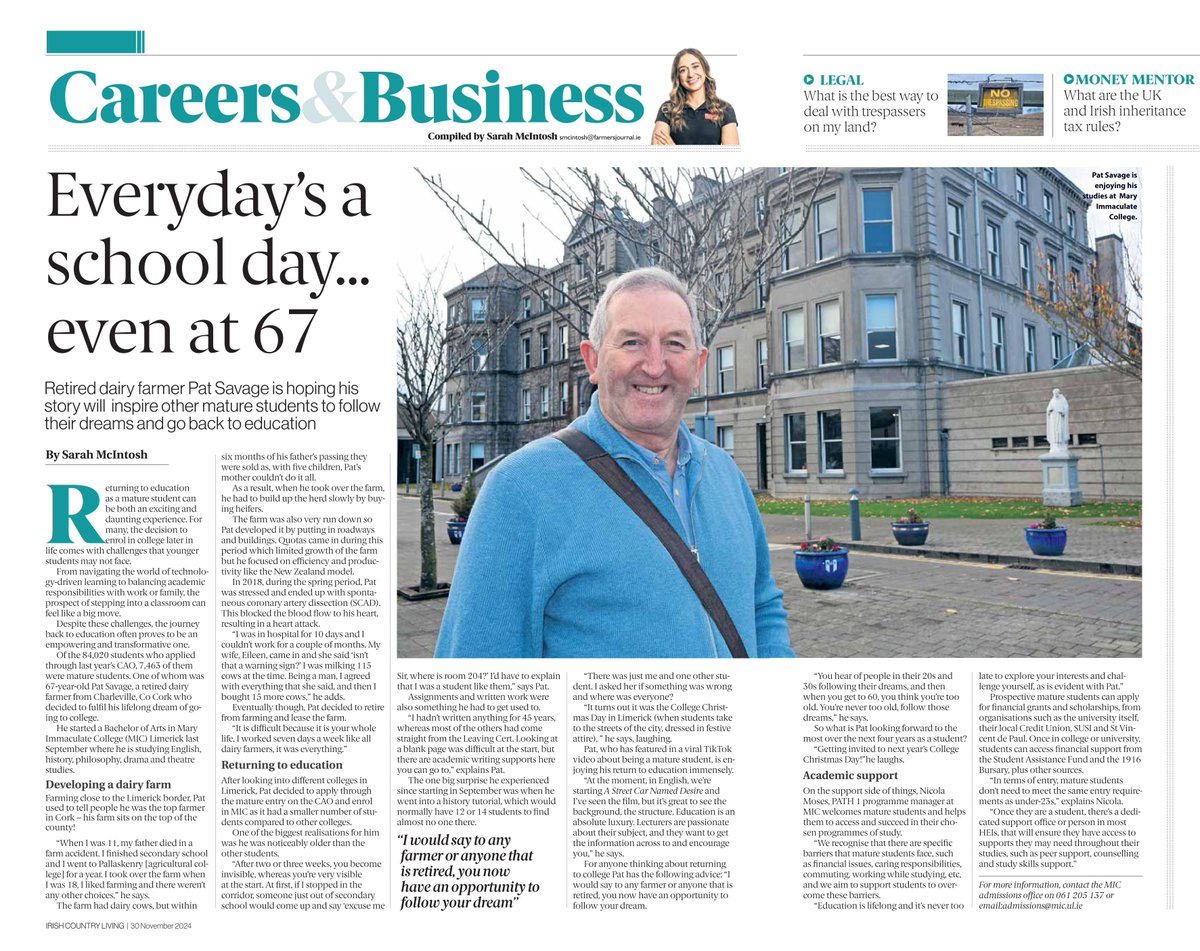"You hear of people in their 20s &amp; 30s following their dreams, &amp; then when you get to 60, you think you're too old. You're never too old, follow those dreams."

Read the inspirational story of MIC student, Pat Savage, who has returned to education after 45 years of #farming.

Pat