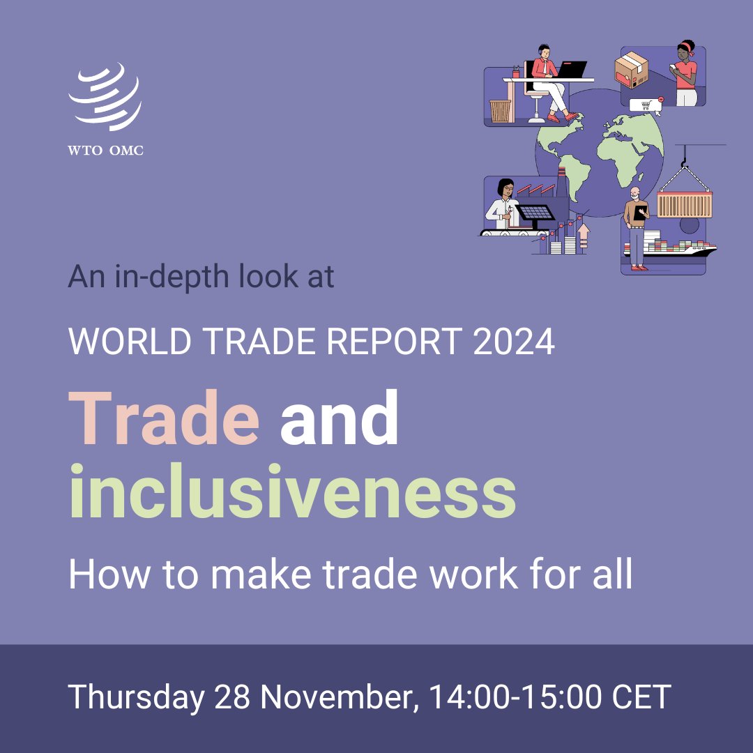 wto's tweet photo. Today at 2PM CET: Join WTO economists for an in-depth presentation of the #WorldTradeReport 2024, examining how trade addresses income gaps across and within economies. Register here: https://t.co/JER7R90xRE https://t.co/5S84ObIGAx