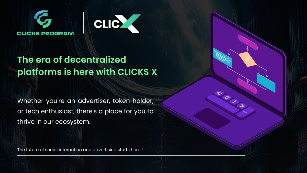 ClicksProgram's tweet image. ✨ The era of decentralized platforms is here with CLICKS X. 

Whether you&apos;re an advertiser, token holder, or tech enthusiast, there&apos;s a place for you to thrive in our ecosystem. 

Activate, earn, and grow! 🌟

 #DecentralizedFuture #CLICKSX #Clickstoken #Defi #Blockchain #Web3…