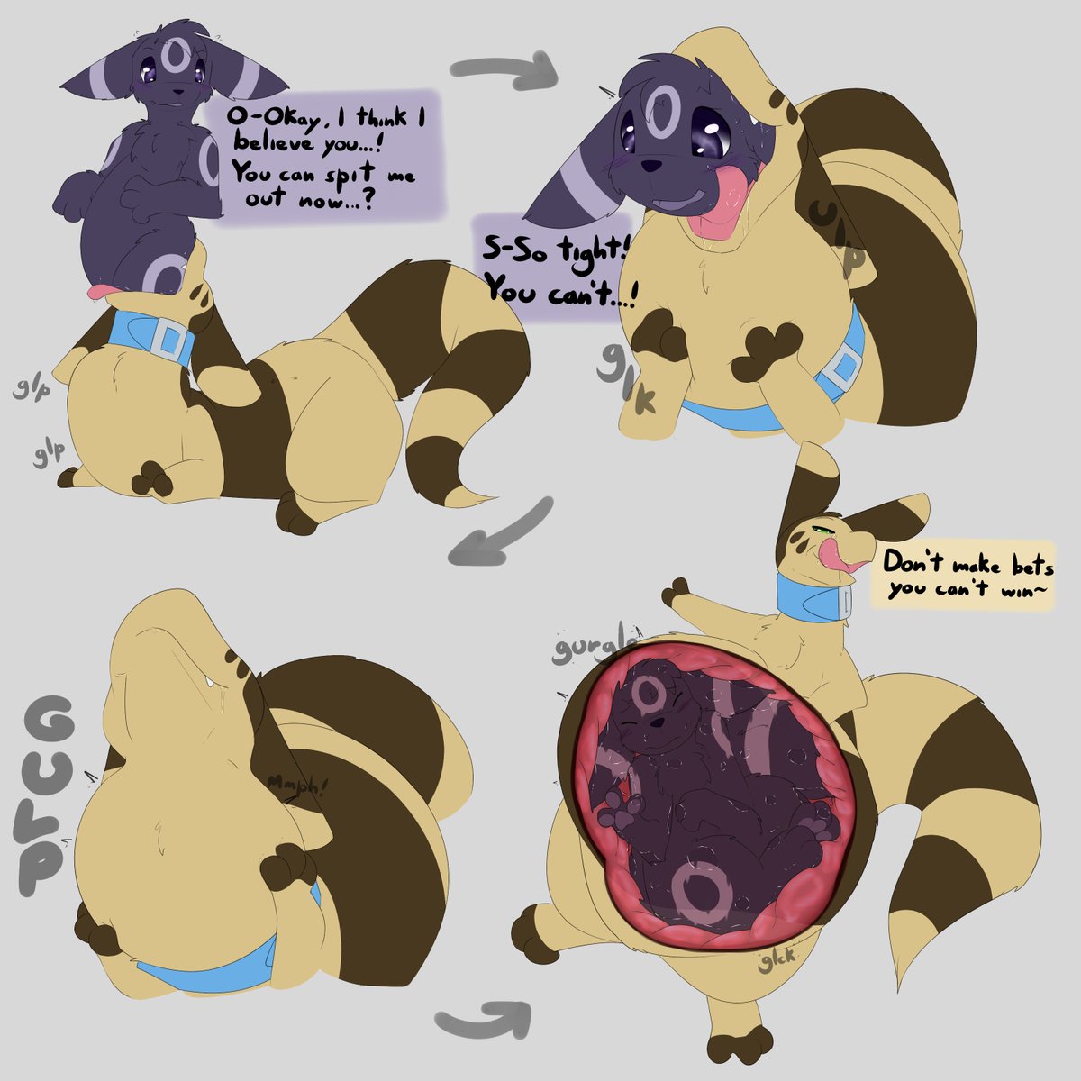 cw: vore

Hush didn't think an entire umbreon could be packed into a furret, but now she knows,,,

Art/Dio: @/diorexity