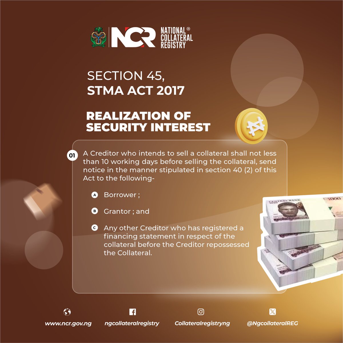 NGCollateralREG's tweet photo. Understanding Section 45 of the STMA Act 2017:
Creditors must notify borrowers, grantors, and registered creditors at least 10 working days before selling collateral.  

Follow for more: https://t.co/VGLbusWcgt https://t.co/NTlH7FuIrL
