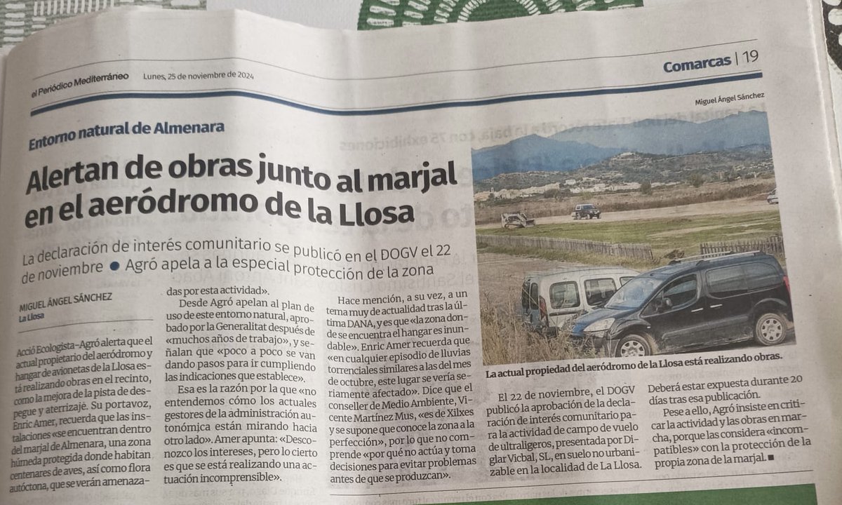 Vols per hobby i obres a l’aeròdrom de la Llosa en zona A de màxima protecció a la Marjal d’Almenara. 

❌Totalment incompatibles i contraris a la conservació d’este aiguamoll d’importància internacional ❌
 
elperiodicomediterraneo.com/comarcas/2024/…