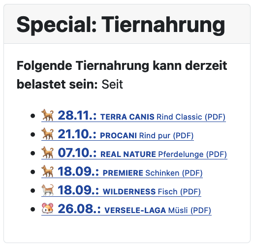Rueckrufportal's tweet photo. UPDATE: #RÜCKRUF | #WARNUNG | Wissenswert, insb. für Halter von Haustieren: "Special: Tiernahrung" > Aktuell zahlreiche Rückrufe: GESUNDHEITSGEFAHR, tlw. nicht nur für Haustiere!

Fundstellen zu den Rückrufaktionen &amp; mehr:
https://t.co/S4Bg6gwpWg https://t.co/TLE3mtp7vn