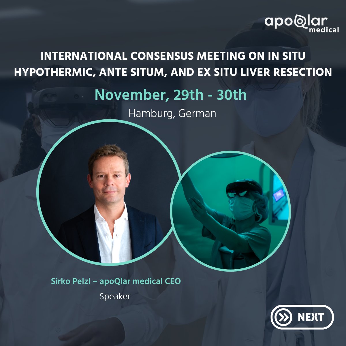 apoqlarmedical's tweet image. 🚀 Excited for the Intl Consensus Meeting! 🚀
Join CEO Sirko Pelzl on Nov 29, 1:45 PM in Hamburg to explore XR tech in liver surgery. Thank you Prof. Dr. Karl J. Oldhafer, @UKEHamburg &amp;amp; @asklepiosgruppe for make this event.
 #apoQlarmedical #HealthcareInnovation #ExtendedReality