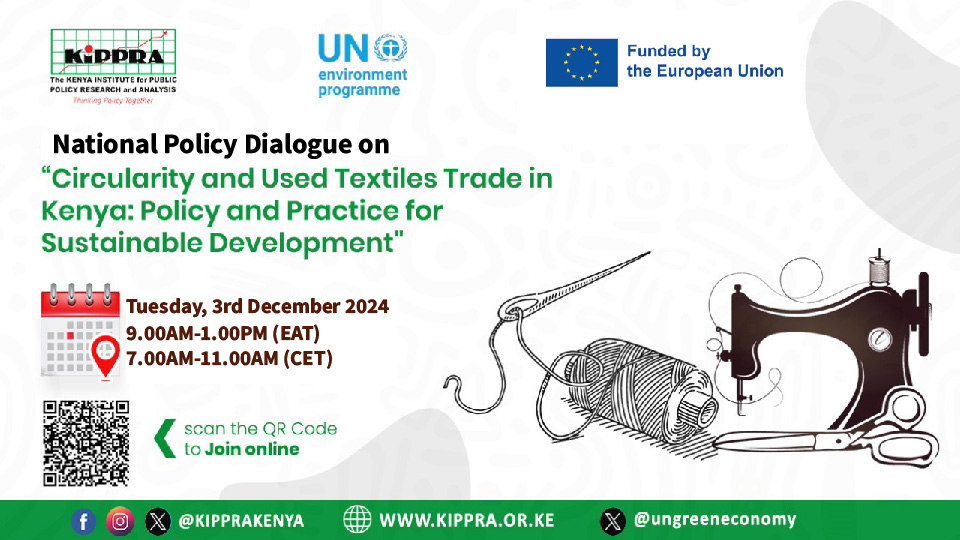 ungreeneconomy's tweet image. Join us online for the National Policy Dialogue on Circularity &amp;amp; Used Textiles Trade in Kenya, hosted by @ungreeneconomy and @KIPPRAKENYA 

🗓️ 3rd Dec 2024  
⏰ 9 AM-1 PM (EAT)/7:00 AM - 11:00 AM (CET) 

Register here: t.ly/Zf2b3 

#UsedTextiles #GreenEconomy #Kenya