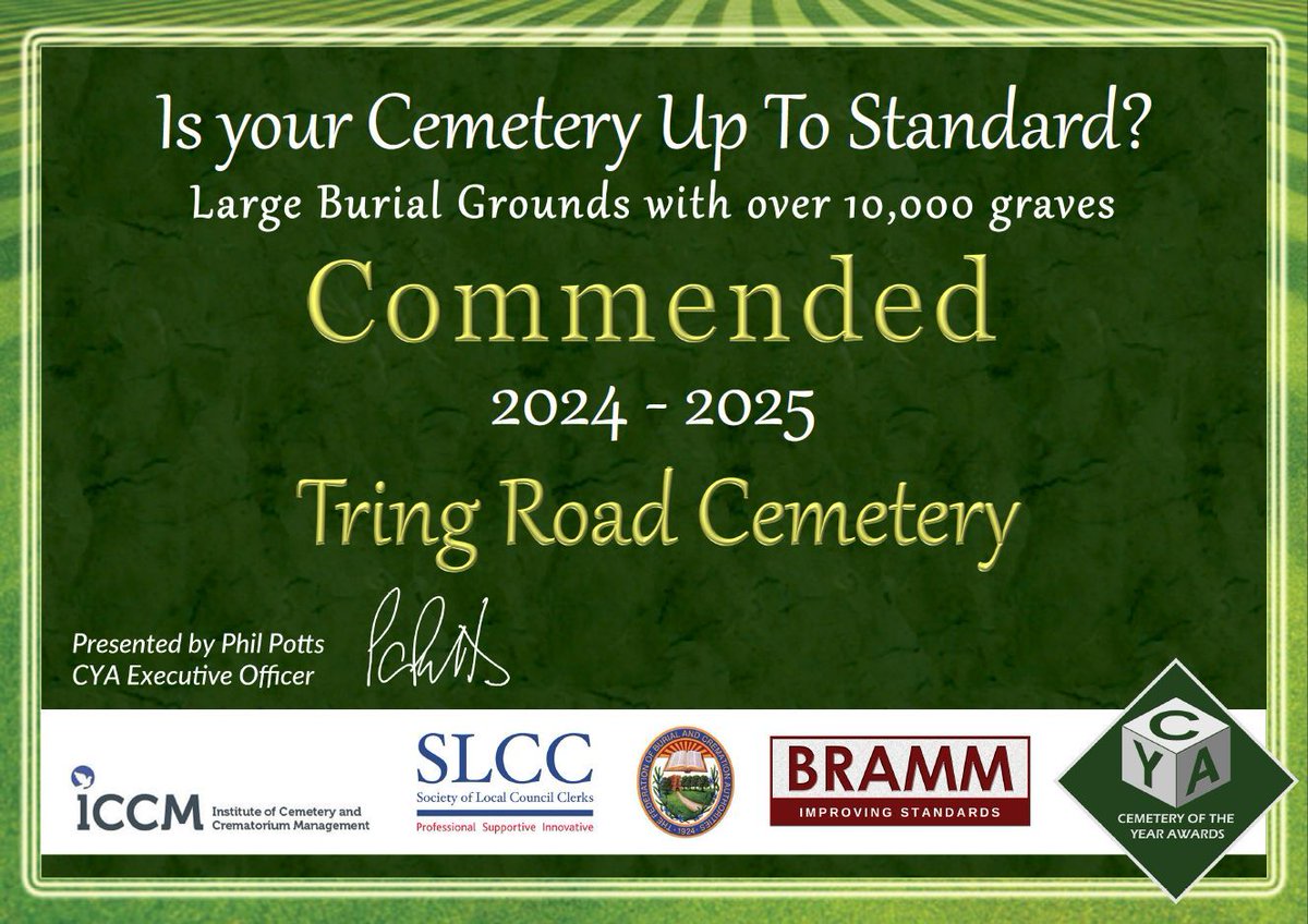 Tring Road Cemetery has been Commended in the 2024-25 Cemetery of the Year Awards, recognising the excellent standard of service the team and volunteers provide to bereaved families.