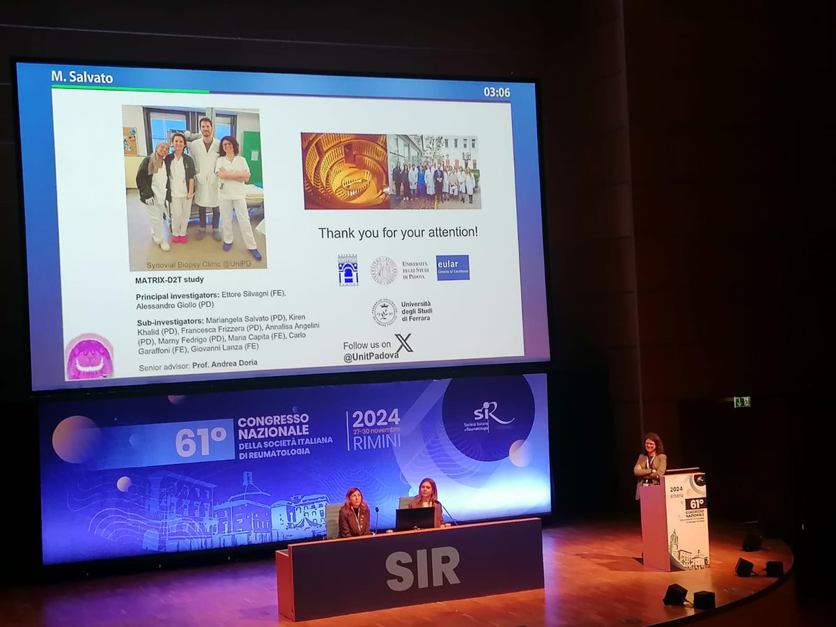 Dr. Mariangela Salvato from <a href="/UnitPadova/">Rheumatology Unit - DIMED, University of Padova</a> highlighting our results of synovial pathology differences in #RA patients with persistent inflammatory and non inflammatory refractory disease.

<a href="/CongressoSir/">Congresso SIR</a>  <a href="/SIRreumatologia/">SIR - Società Italiana di Reumatologia</a> 

💪🏿💪🏿💪🏿