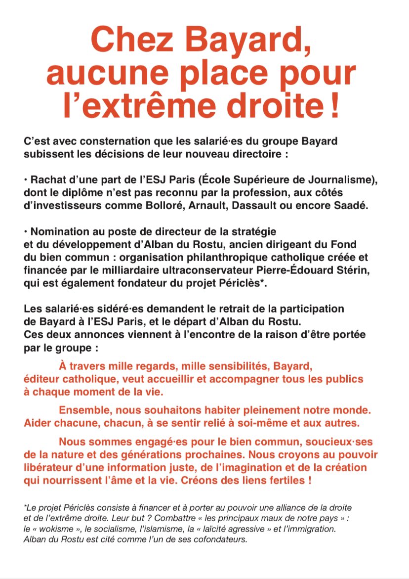 Après une action lors de l’inauguration du salon du livre jeunesse de Montreuil, où ils étaient des dizaines pour distribuer le tract ci-dessous, des centaines de salariés de Bayard s’apprêtent à débrayer une heure aujourd’hui contre des périls nommés #Périclès et #ESJParis.