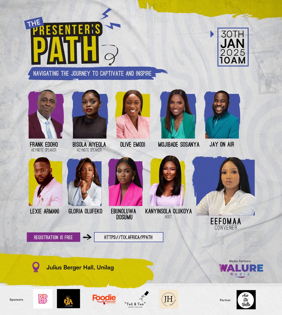 I’ll love to officially introduce and invite you guys to my first ever event, “The Presenter’s Path” 
This is borne out of the need to help those who can’t find their path or navigate their way in the media space ❤️
