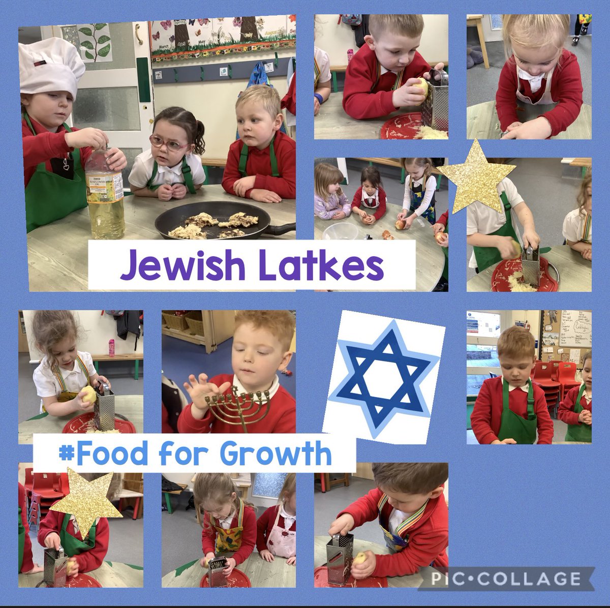 This week the Nursery have been learning about Judaism. Specifically the festival of Hanukkah 🌟. We have used our food for growth to make potato latkes to sell in our school event. We look forward to seeing you after school today <a href="/garntegprimary/">Garnteg Primary</a> <a href="/missbhowat95/">@missbhowat95</a>