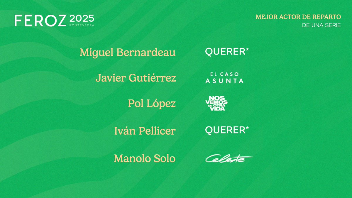 ✨ Los nominados a mejor actor de reparto de una serie son Miguel Bernardeau por ‘Querer’; Javier Gutiérrez por ‘El caso Asunta’; Pol López por ‘Nos vemos en otra vida’; Iván Pellicer por ‘Querer’; y Manolo Solo por ‘Celeste' #Feroz2025