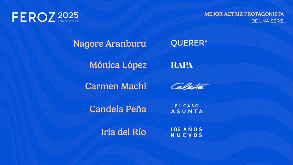 ✨ Las nominadas a mejor actriz protagonista de una serie son Nagore Aranburu por ‘Querer’; Mónica López por ‘Rapa’; Carmen Machi por ‘Celeste’; Candela Peña por ‘El caso Asunta’; e Iria del Río por ‘Los años nuevos’ #Feroz2025
