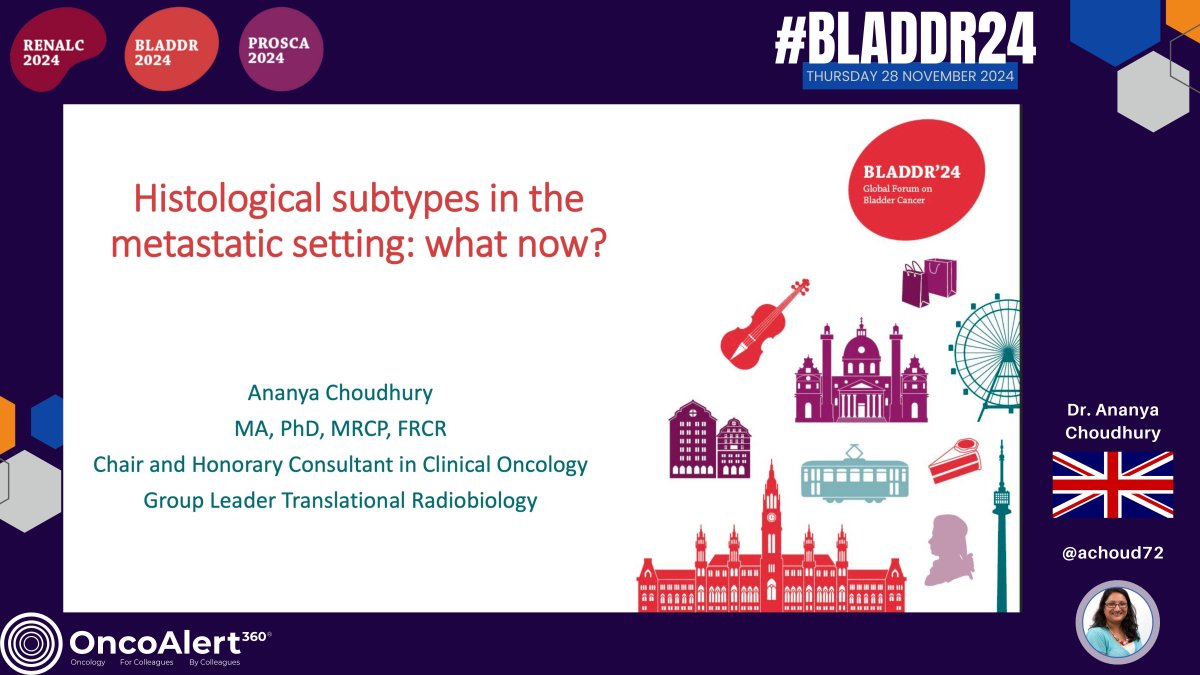 OncoAlert's tweet photo. Day Two of #BLADDR24
Presenter: Dr Ananya Choudhury
Case discussion session: metastatic UCa
Histological subtypes in the metastatic setting: what now? 

Highlights the limited data available from clinical trials for treating these rare variants. Most histological subtypes of bladder cancer are generally treated as pure urothelial carcinoma in the metastatic setting, with neuroendocrine and small cell carcinomas being notable exceptions. However, challenges remain in defining these subtypes clearly. Given the rarity of these cancers, the feasibility of conducting dedicated trials for each subtype is questioned, raising concerns about whether more personalized, "bespoke" trials are realistic in this context. 

@UrsulaVogl
@PGrivasMDPhD
@achoud72
@ZilliThomas
@fabioturco92
@nataliagandur
@yekeduz_emre
@bavilima
@niklas_kluemper
@DrYukselUrun
@mirrorsmed
@bkonety
@evacomperat
@Achard_Verane
@daandm
@mdesantis234
@KilianGust
@bkonety
@CLebacle
@LAUrology_NL
@Renate_Pichler
@DanieleRaggi83
@CelenaBergdahl
@bm_deruiter