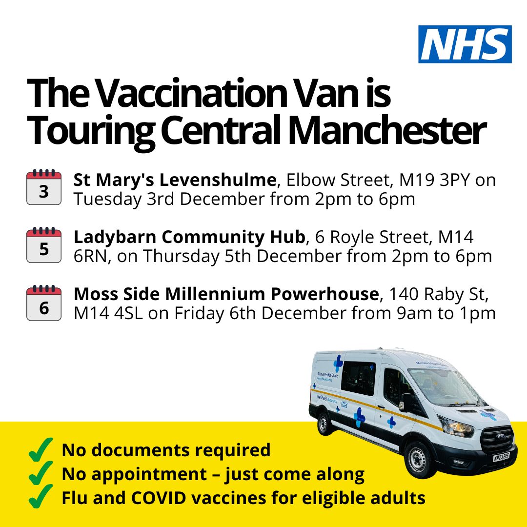 The mobile vaccination van is touring venues in Central Manchester next week, offering both flu and covid vaccinations. Find out where and when below ⬇️
