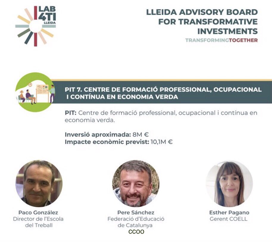 smmaccoolleida1's tweet photo. Pere Sànchez de @CCOOLleida participa a la presentació dels projectes d’innovació transformativa #LAB4TI a l’agenda compartida G10 “Lleida Terra d’oportunitats” , liderada per les principals Institucions i Entitats del Territori de les que @CCOOLleida forme part
@ccoocatalunya https://t.co/QO0mUNe3ns
