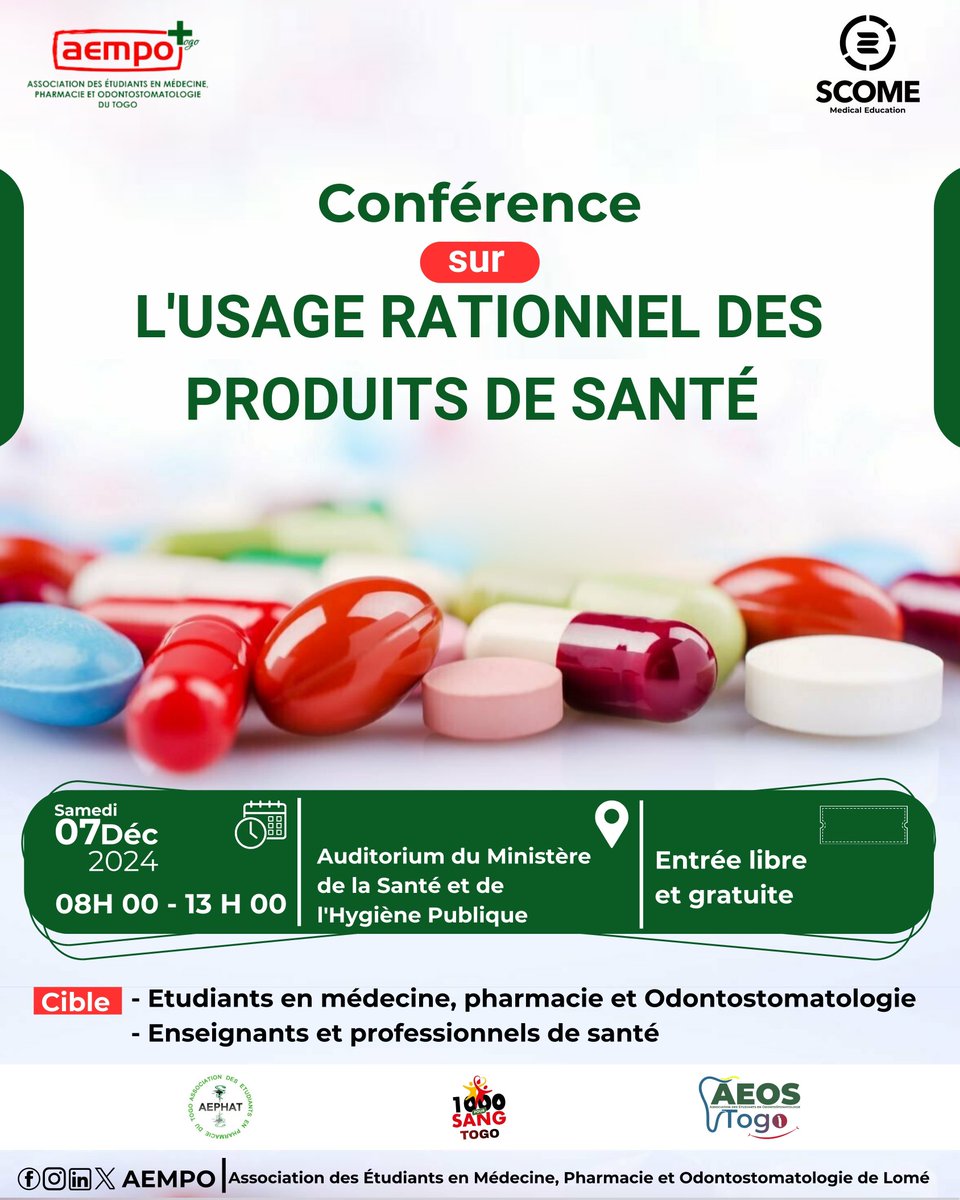 Cette conférence est l'occasion idéale pour sensibiliser et outiller la population pour une consommation rationnelle des produits de santé.

#usagerationneldesmédicaments #conference #extetnat #internat #medicament
#medecine #scomelome #scome #aempolome #aempotogo #aempo