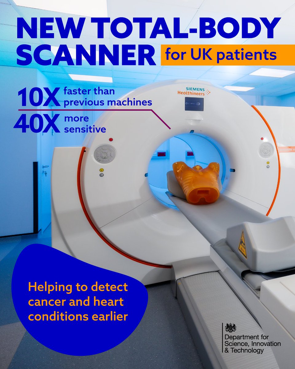 Department for Science, Innovation and Technology (@scitechgovuk) on Twitter photo Patients at <a href="/GSTTnhs/">Guy's and St Thomas'</a> will benefit from a full-body scanner that will enable more effective diagnosis of patients with serious diseases.
It will feed findings into the National PET Imaging Platform, building a bank of data from patients to support development of new medicines. Patients at <a href="/GSTTnhs/">Guy's and St Thomas'</a> will benefit from a full-body scanner that will enable more effective diagnosis of patients with serious diseases.
It will feed findings into the National PET Imaging Platform, building a bank of data from patients to support development of new medicines.