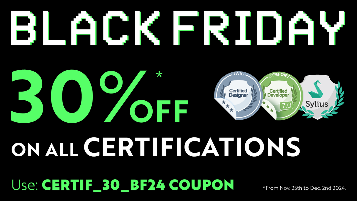symfony's tweet photo. 🎉30% discount on #Symfony, #Sylius, and #Twig certifications
Show your Symfony expertise! Exams are online, you can take them from anywhere. Vouchers are valid for up to one year after purchase.
👉Use the coupon on https://t.co/5M8jqnFiIk
⌛Offer until December 2 https://t.co/NPFP6T7gil