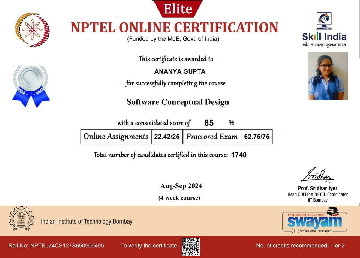 AnanyaaGup37133's tweet image. Completed the NPTEL Software Conceptual Design course with 85%! 🚀 This 4-week deep dive into software systems was both challenging and rewarding. Excited to leverage these insights in my engineering journey. 🎉

#NPTEL #TechLearning #CSEStudent