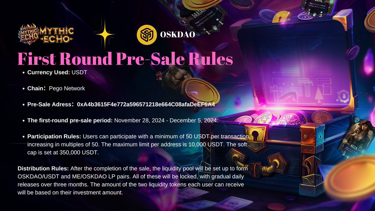 mythic_echo's tweet photo. 🚀 OSKDAO Mythic Echo IDO is LIVE! 🔥
🔹 Details:

Token: USDT
Network: Pego Network
Min Investment: 50 USDT
Max per Wallet: 10,000 USDT
Sale Period: Nov 28 - Dec 5, 2024

Adress：0xA4b3615F4e772a596571218e664C08afaDeEF6A4

Don't miss out! #OSKDAO #IDO https://t.co/g73pNbVADm
