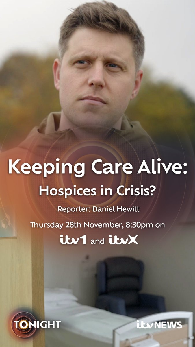 Keeping Care Alive: Hospices in Crisis? Tonight
8.30pm @ITV1 / <a href="/ITVX/">ITVX</a>  With <a href="/DanielHewittITV/">Daniel Hewitt</a> and <a href="/PaulBrandITV/">Paul Brand</a> 

Hospices in Britain help hundreds of thousands of people through some of the hardest times, offering vital end-of-life care, respite for caregivers, and bereavement