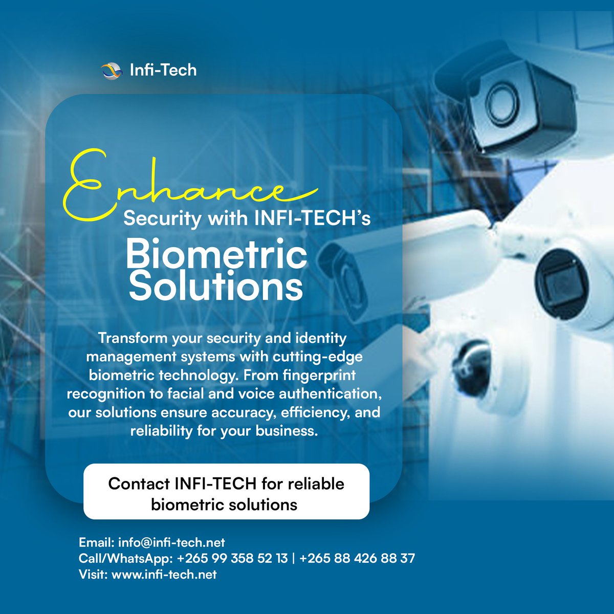 infitechmw's tweet image. Enhance Security with INFI-TECH’s Biometric Solutions!

Transform your security and identity management systems with cutting-edge biometric technology. From fingerprint recognition to facial and voice authentication
 
Call/WhatsApp:+265 99 358 52 13

#BiometricSolutions #Security
