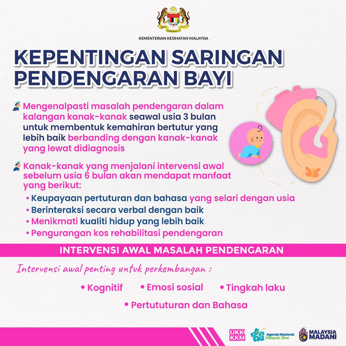 🦻 Saringan pendengaran merupakan ujian asas yang dilakukan ke atas bayi untuk mengesan masalah pendengaran seawal selepas dilahirkan.

🩺 Kaedah saringan pendengaran bayi yang digunakan iniadalah selamat, cepat, mudah, tidak menyakitkan dan tepat untuk mengesan sebarang masalah