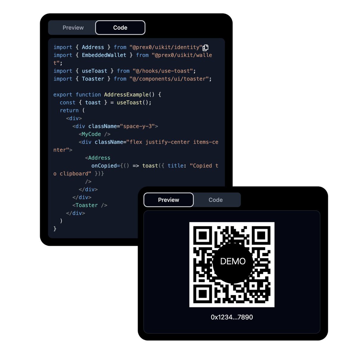 With Prex, you can easily implement the same QR code feature used for FCR! 🎉 Just add a few lines of code to your service, and you’re good to go! 🛠️✨ Perfect for seamless token transfers. Check it out now! 🚀 

more details here prex0.com/docs/component…
#Blockchain #DevTools