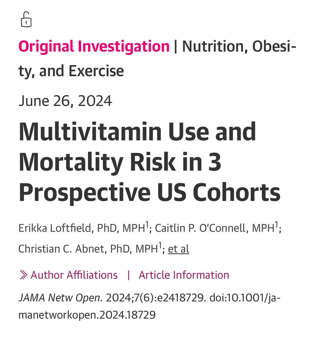 DrGunerSonmez's tweet photo. Multivitamin kullanmanın bir faydası var mı?

Düzenli multivitamin kullanımının; kanser, kalp damar hastalığı ve diğer nedenlere bağlı ölüm riskini azaltmada anlamlı bir etkisi bulunamadı. Ömrü de uzatmıyor. 

390 bin kişinin 20 yıllık verileri ile yapılmış bir araştırma. https://t.co/mnCLeHRJ0J