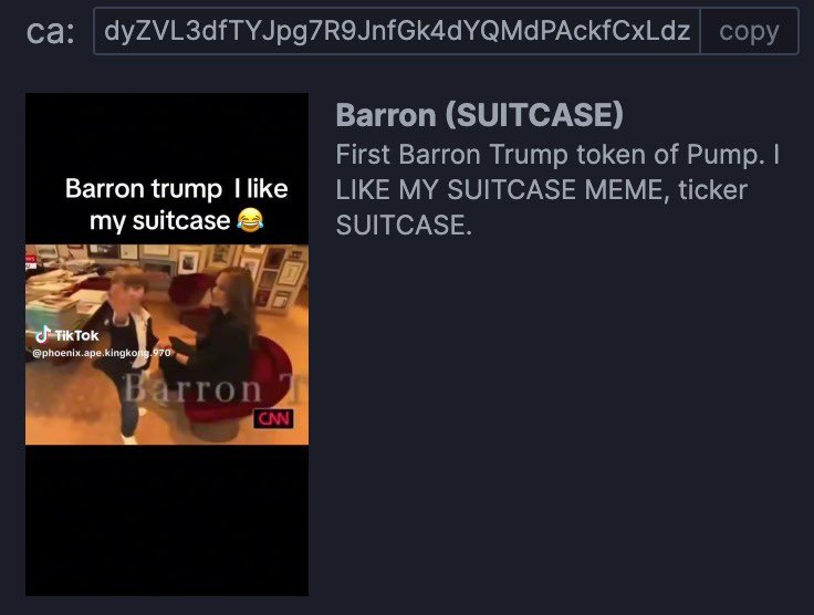 AcealeZx's tweet photo. @3orovik Barron trump meme coin ca: dyZVL3dfTYJpg7R9JnfGk4dYQMdPAckfCxLdzZVpump https://t.co/WoDs5ZmylQ
