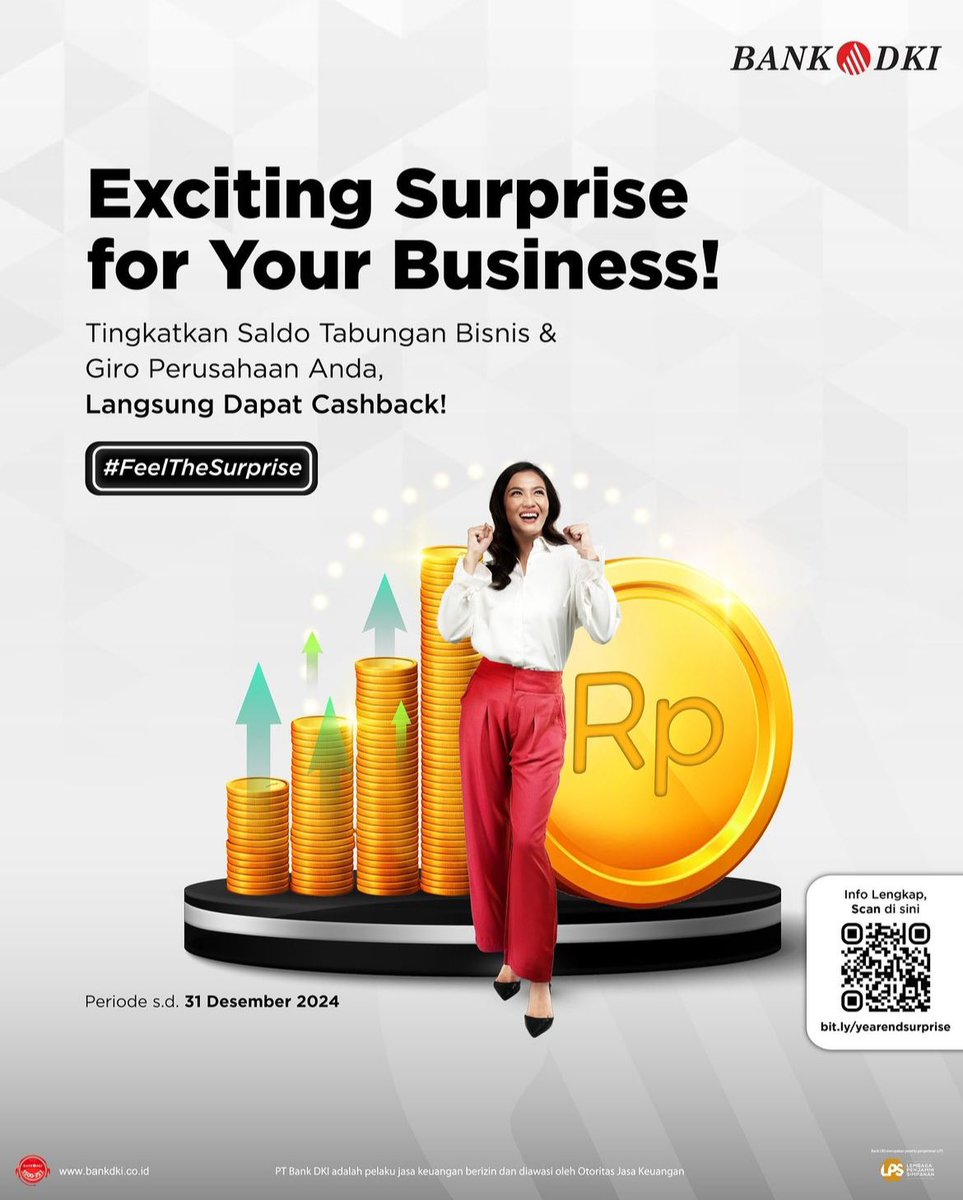 ✨ Surprise Akhir Tahun untuk Bisnis Anda! ✨

Tingkatkan saldo Tabungan Bisnis &amp; Giro Perusahaan kamu, dan nikmati cashback langsung dari Bank DKI! #BankDKI #PromoBisnis #Cashback #peluangbisnis
