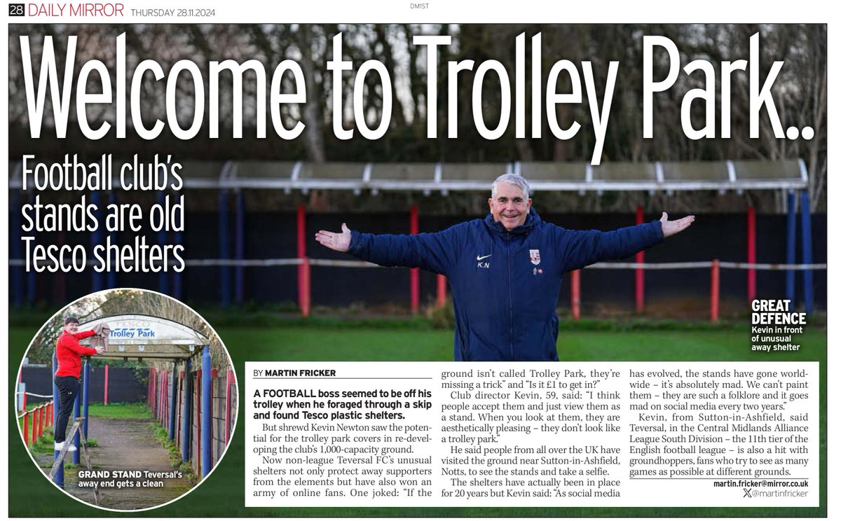 SWNS Leeds (@swnsleeds) on Twitter photo Fooie fans think Teversal FC's ground is wheelie great - because the away end is made up of old Tesco trolley shelters.
Supporters are queuing in the aisles to visit the Non-League stadium since snaps of the unusual stand went viral.
๐- <a href="/izzy_hawksworth/">Izzy Hawksworth</a>
๐ธ- <a href="/Cleany7878/">Lee McLean</a> Fooie fans think Teversal FC's ground is wheelie great - because the away end is made up of old Tesco trolley shelters.
Supporters are queuing in the aisles to visit the Non-League stadium since snaps of the unusual stand went viral.
๐- <a href="/izzy_hawksworth/">Izzy Hawksworth</a>
๐ธ- <a href="/Cleany7878/">Lee McLean</a>