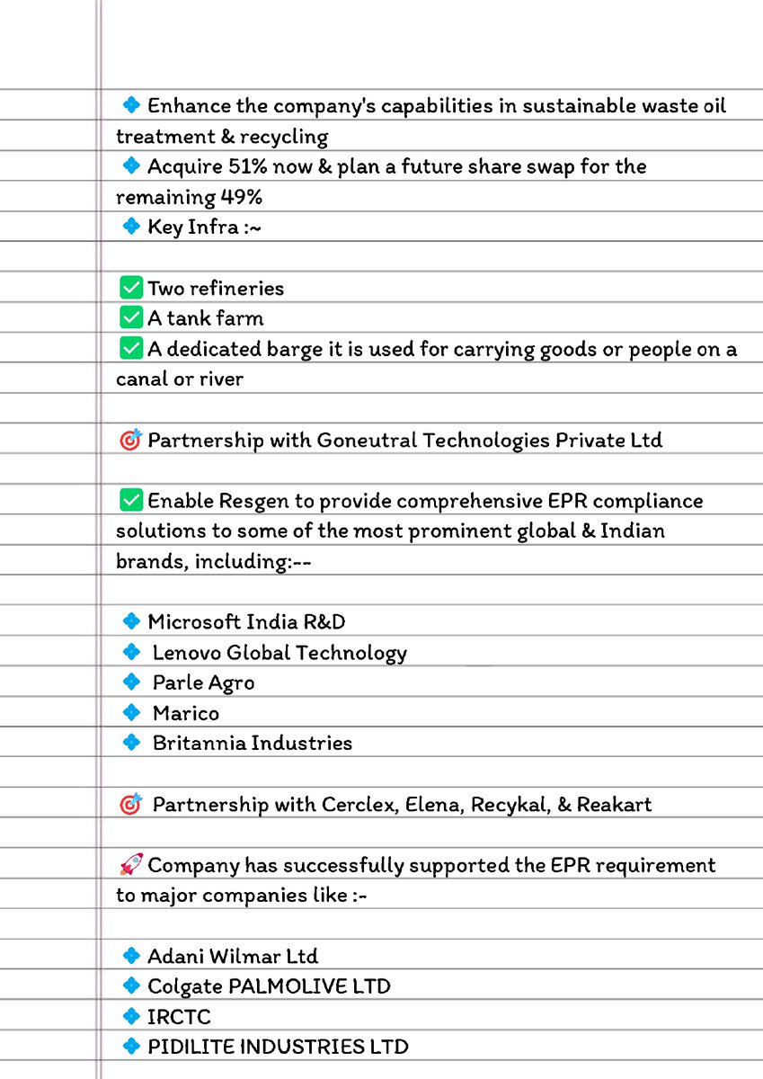 Vaishnav1904's tweet photo. > #Resgen Business Analysis (1/4)

🔥Website https://t.co/Bik28eWVwL 

✅Business is solid, Undervalued and from the very bright sector.

✅Have a lot of potential to value unlock for Shareholders, 
as of now the price is very undervalued and it has a long way to go.

🎯Urban Enviro, Resgen like companies indulged in waste management space and Oil Pyrolysis space has a big big Total Addressable Market to capture on.

✍🏽But it will attract a lot of competition from behind, so only stay with the player who are constantly inline acquiring market share at awesome pace.

⚠️Remember this always buy undervalued and cheapest price you can buy as possible to get maximum headroom for returns.

Capex, Future Plans + Result Comparison ⤵️

(MCap. ₹ 259 Cr., Face Value ₹ 10, Equity diluted 20.98cr, Promoters Holding 66.05%)